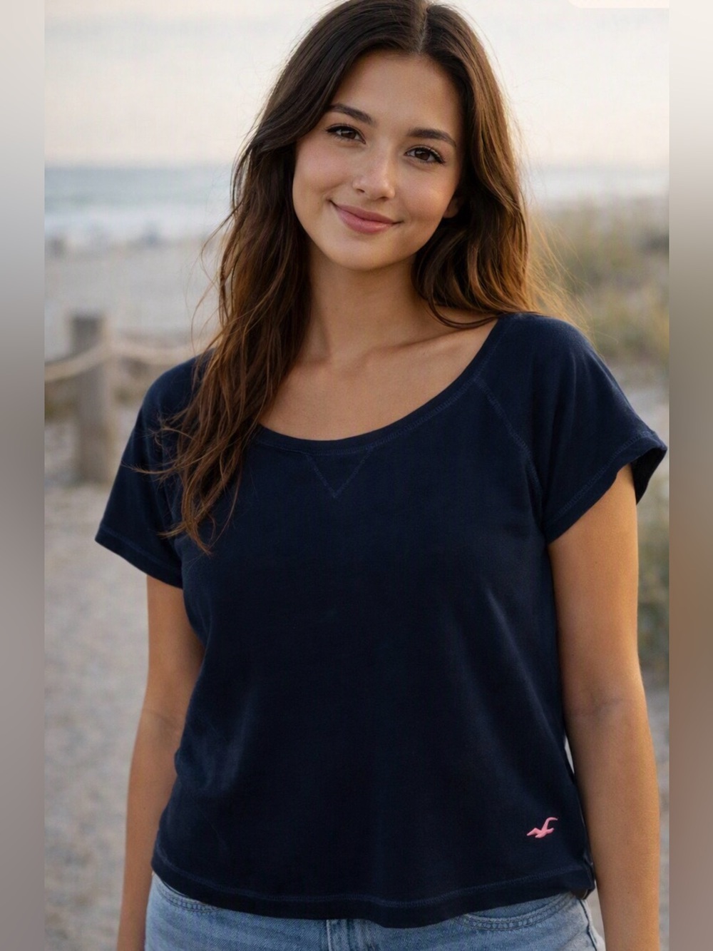 Hollister Classic Navy Scoop Crop Neck Tee